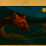 Parchment-style illustration of Nguruvilu, fox-headed serpent spirit emerging from moonlit Chilean river in Mapuche legend.