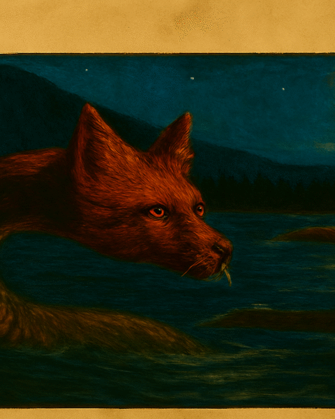 Parchment-style illustration of Nguruvilu, fox-headed serpent spirit emerging from moonlit Chilean river in Mapuche legend.