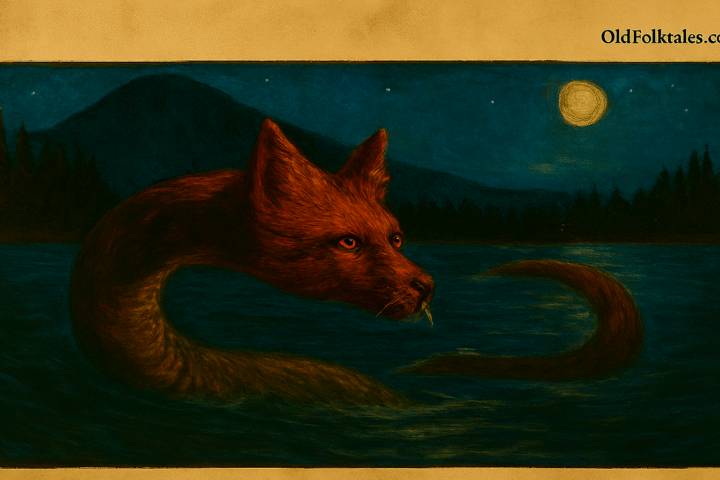 Parchment-style illustration of Nguruvilu, fox-headed serpent spirit emerging from moonlit Chilean river in Mapuche legend.