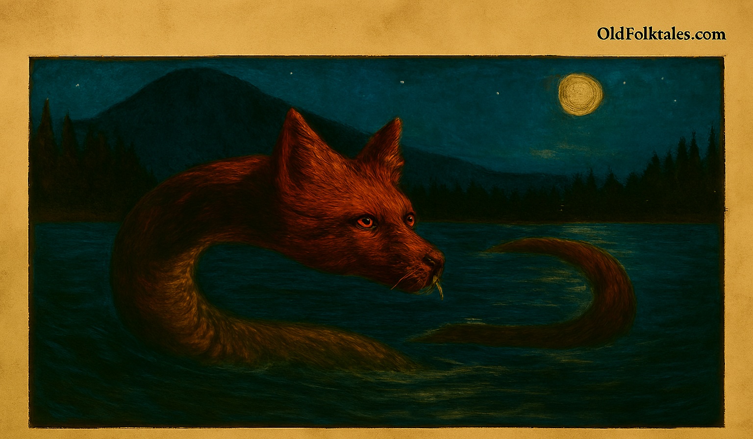 Parchment-style illustration of Nguruvilu, fox-headed serpent spirit emerging from moonlit Chilean river in Mapuche legend.