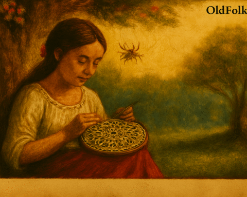 Parchment-style illustration of Amalia weaving lace beneath a ceibo tree in Paraguay, inspired by a spider’s web.