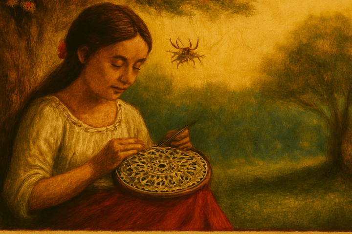 Parchment-style illustration of Amalia weaving lace beneath a ceibo tree in Paraguay, inspired by a spider’s web.
