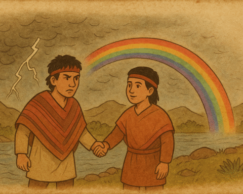 Two Andean brothers hold hands beside a river under a rainbow after a storm, symbolizing peace and forgiveness.