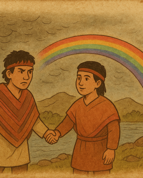 Two Andean brothers hold hands beside a river under a rainbow after a storm, symbolizing peace and forgiveness.