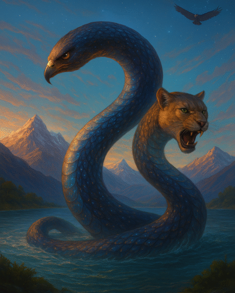 A painting of Amaru, the Andean serpent-dragon, rising from a glowing lake beneath snow-capped Andes mountains