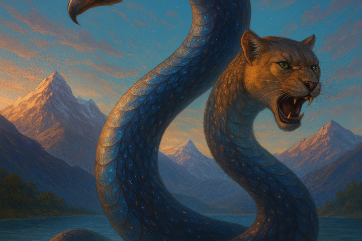 A painting of Amaru, the Andean serpent-dragon, rising from a glowing lake beneath snow-capped Andes mountains