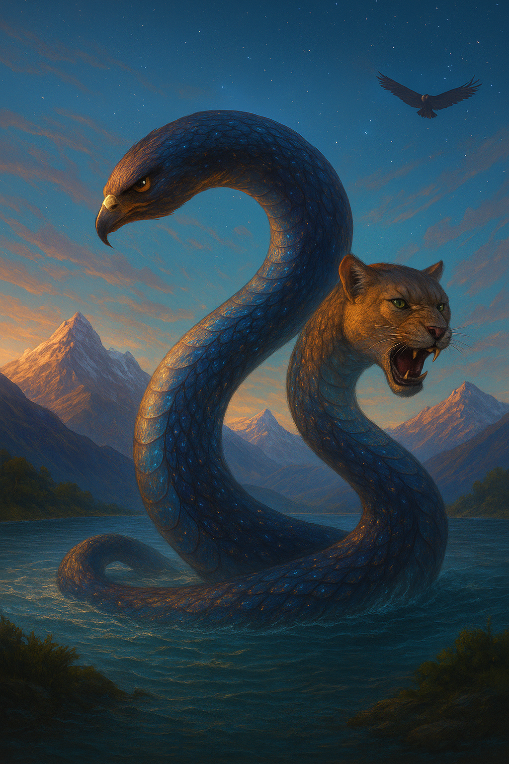 A painting of Amaru, the Andean serpent-dragon, rising from a glowing lake beneath snow-capped Andes mountains
