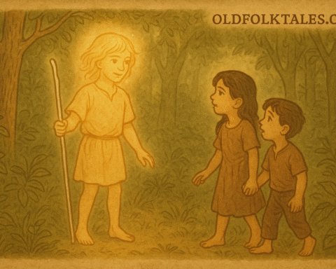 Parchment-style illustration of Jasy Jatere meeting two Guaraní children in a glowing forest clearing during siesta.