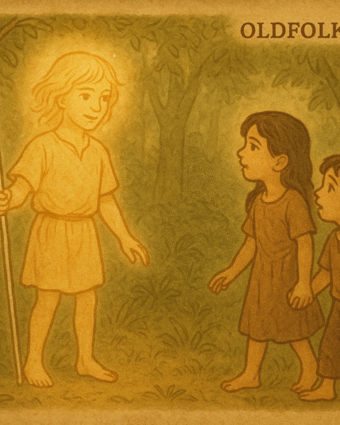 Parchment-style illustration of Jasy Jatere meeting two Guaraní children in a glowing forest clearing during siesta.