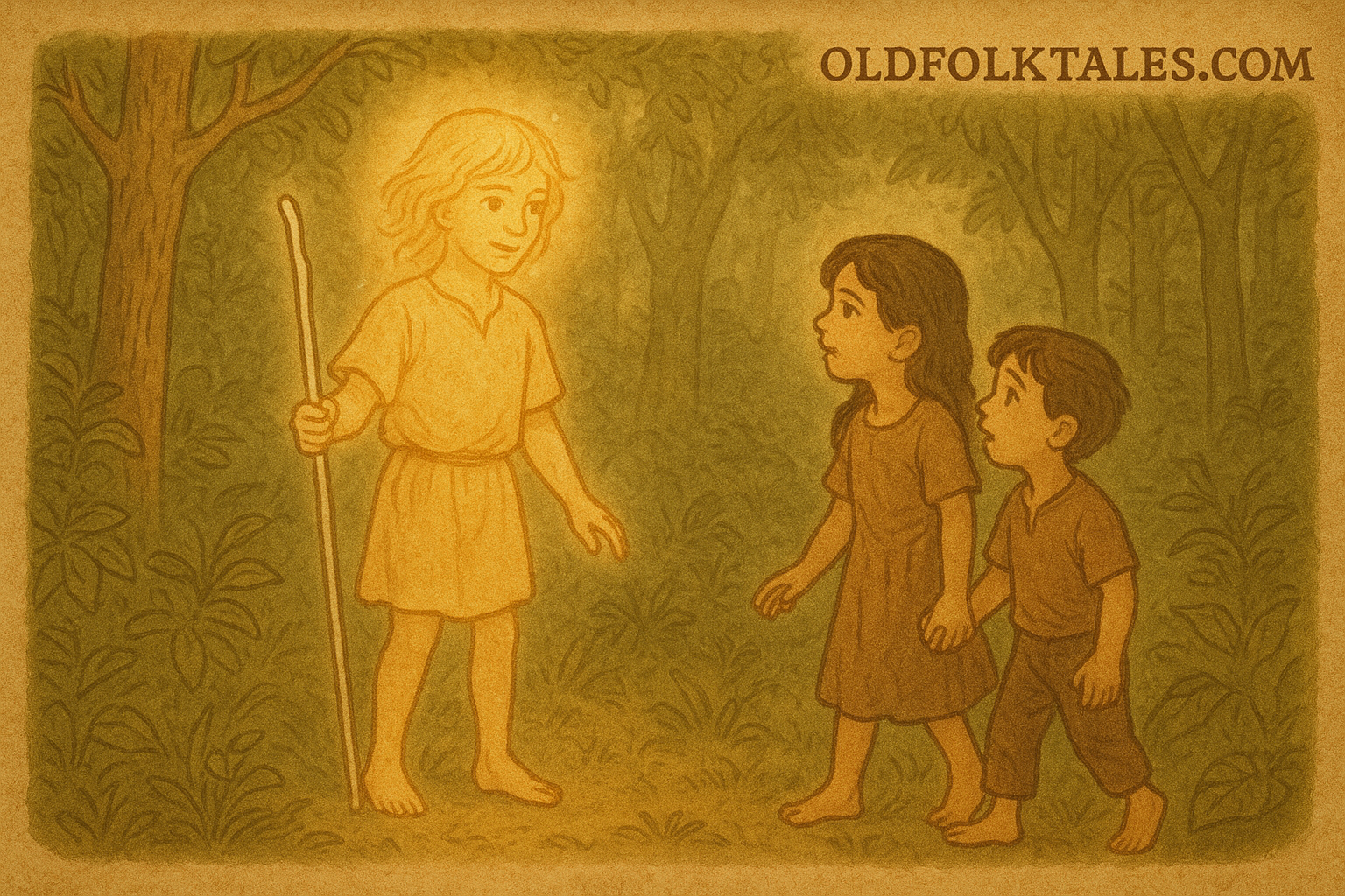 Parchment-style illustration of Jasy Jatere meeting two Guaraní children in a glowing forest clearing during siesta.