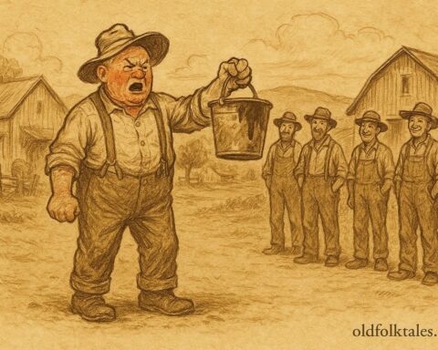 Parchment-style artwork of Elmer Pruitt holding a muddy bucket before Ozark villagers, American folktale scene.
