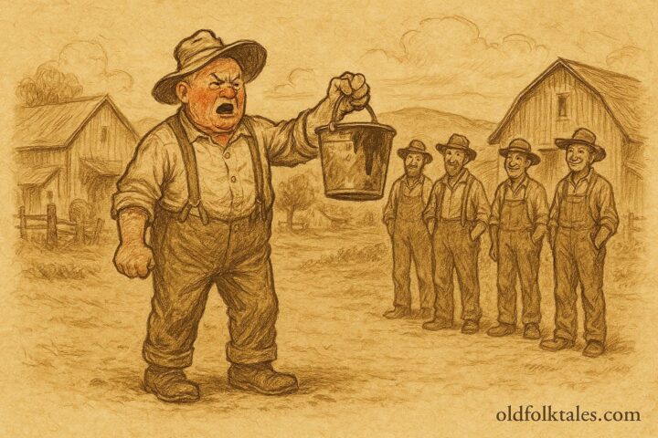 Parchment-style artwork of Elmer Pruitt holding a muddy bucket before Ozark villagers, American folktale scene.