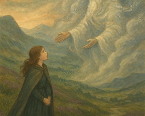 Illustration of the Daughter of the Skies rising from a misty meadow into the clouds beside a radiant sky spirit, symbolizing her bond between earth and heaven.”