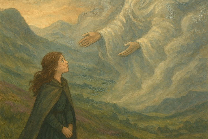 Illustration of the Daughter of the Skies rising from a misty meadow into the clouds beside a radiant sky spirit, symbolizing her bond between earth and heaven.”