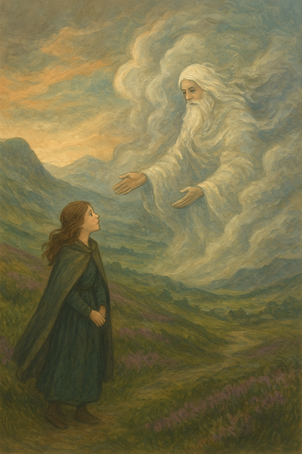 Illustration of the Daughter of the Skies rising from a misty meadow into the clouds beside a radiant sky spirit, symbolizing her bond between earth and heaven.”