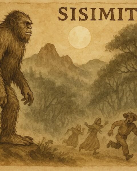 Parchment-style artwork of the Sisimite, a hairy mountain spirit with backward feet, Honduran folktale scene.
