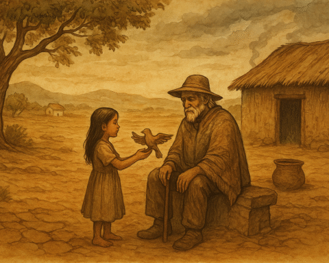 Parchment-style illustration of a young girl offering a carved bird to an old rainmaker in a drought-stricken village.
