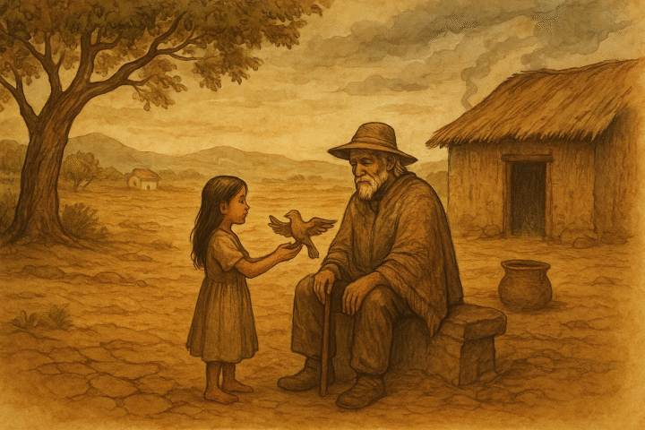 Parchment-style illustration of a young girl offering a carved bird to an old rainmaker in a drought-stricken village.