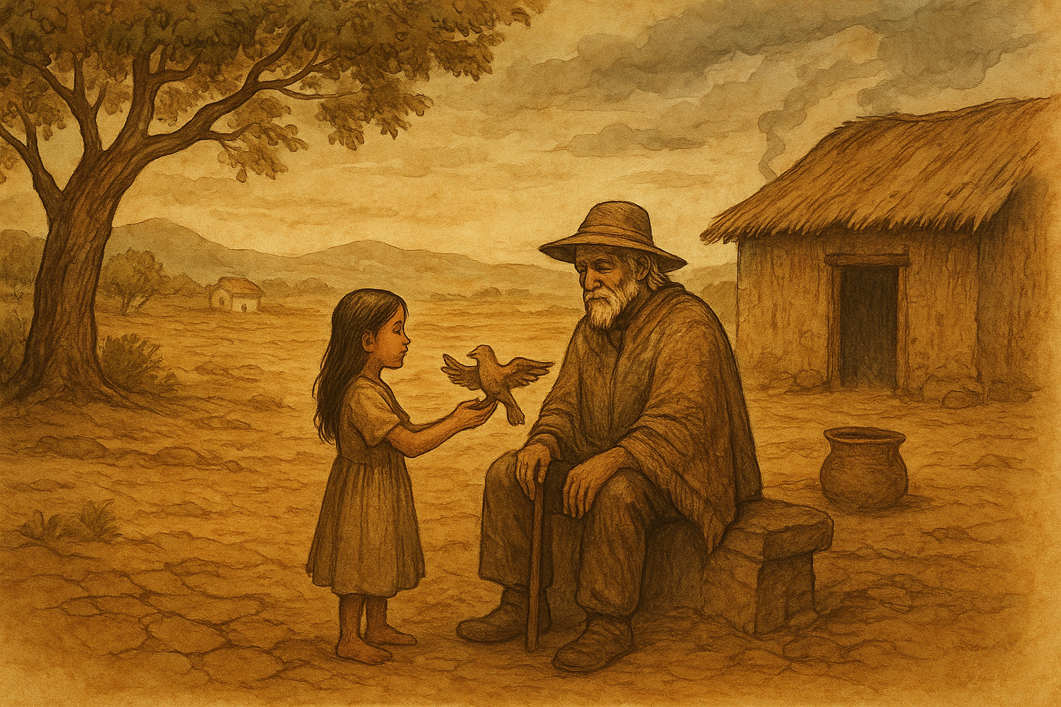 Parchment-style illustration of a young girl offering a carved bird to an old rainmaker in a drought-stricken village.