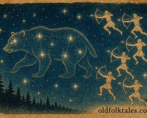 Great Bear constellation chased by seven hunters from Cree mythology