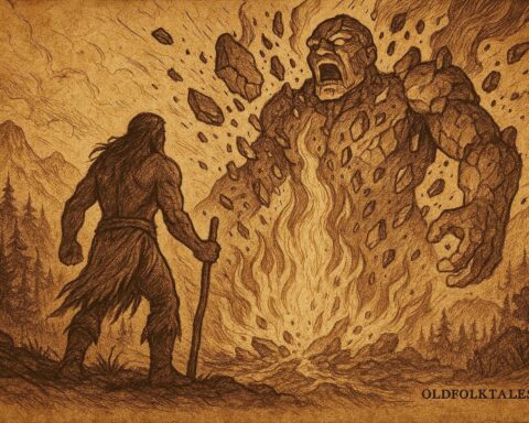 Gluskabe defeating the Stone Giant by fire, with glowing rocks forming the landscape in Wabanaki folklore