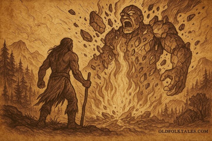 Gluskabe defeating the Stone Giant by fire, with glowing rocks forming the landscape in Wabanaki folklore