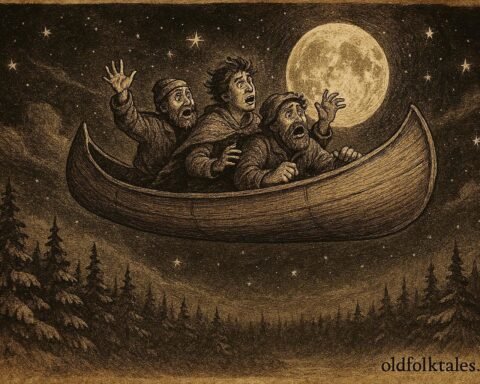 A wooden canoe flying across the moonlit sky with lumberjacks inside from French-Canadian folklore