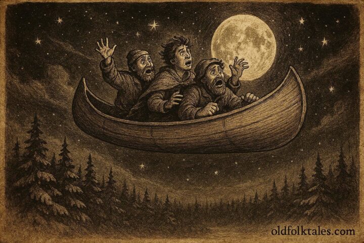 A wooden canoe flying across the moonlit sky with lumberjacks inside from French-Canadian folklore