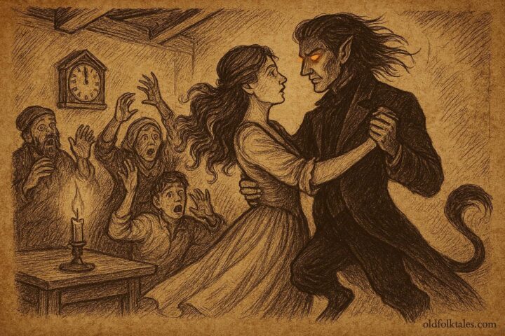 Rose Latulipe dancing with the Devil at midnight in a candle-lit Quebec home from French-Canadian folklore