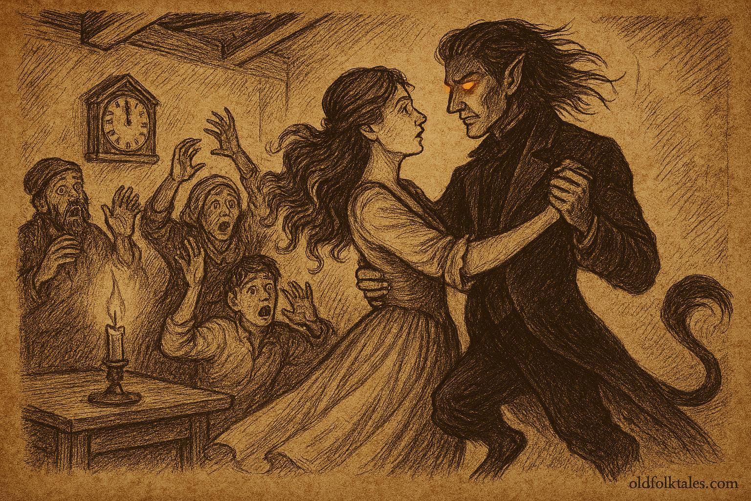 Rose Latulipe dancing with the Devil at midnight in a candle-lit Quebec home from French-Canadian folklore