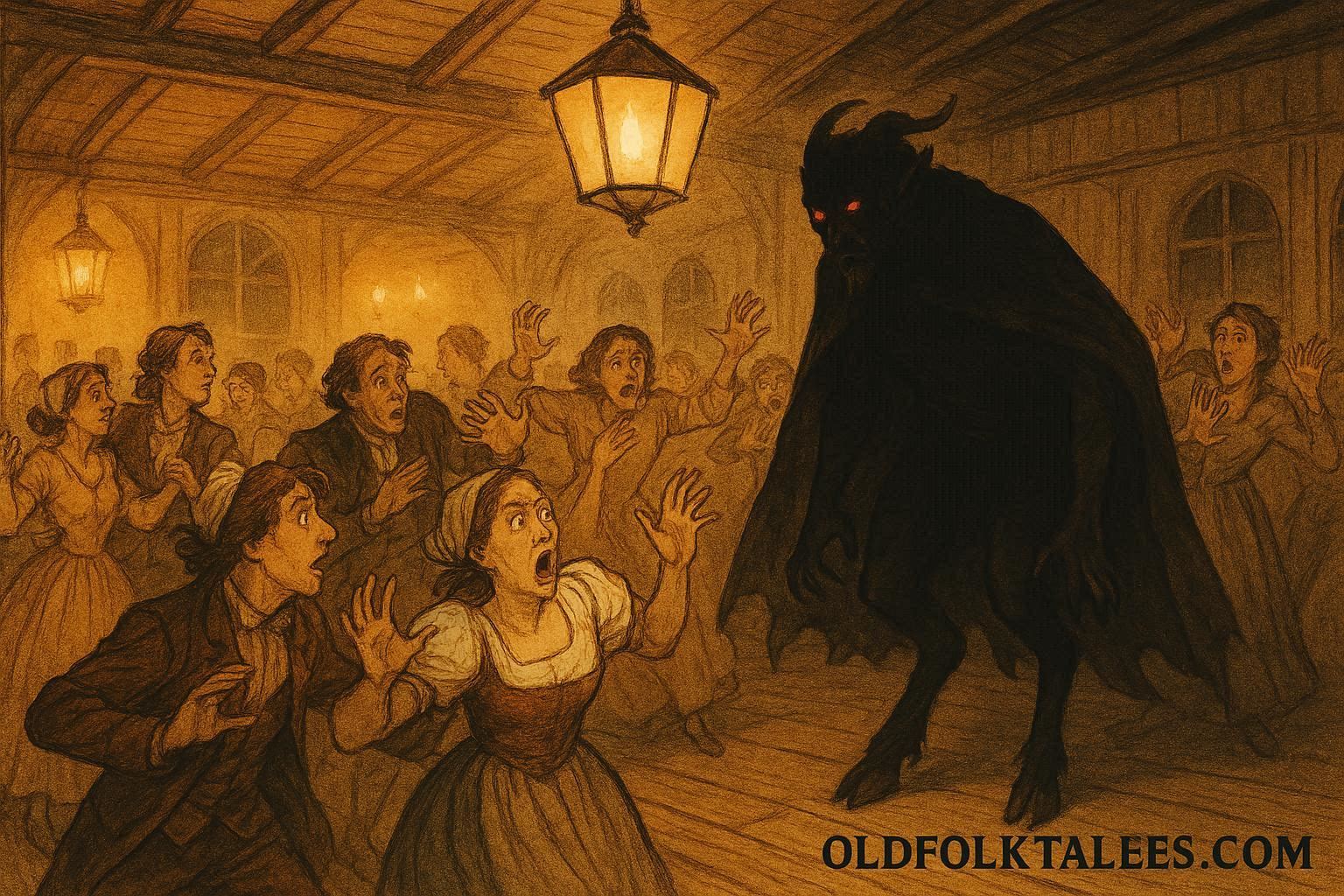 Candlelit village dance where a stranger’s cloven hooves reveal the Devil in a French-Canadian folktale