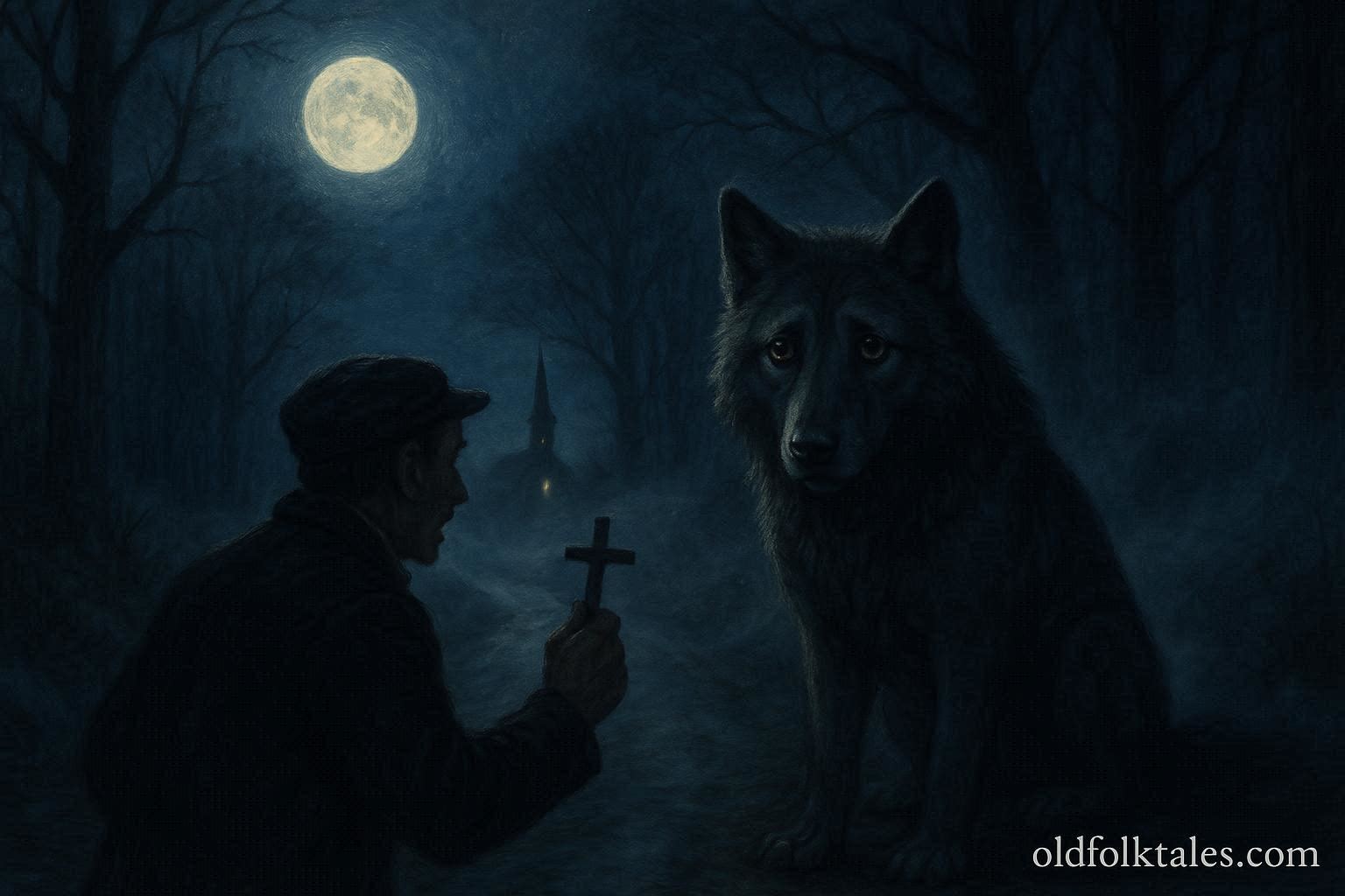 Moonlit forest scene of a sorrowful werewolf and a man with a cross from the French Canadian legend of the Loup Garou
