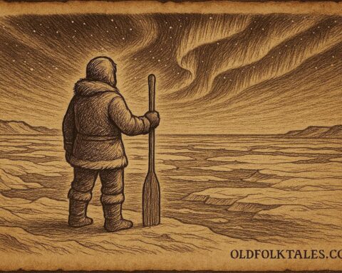 Kiviuq, the Inuit hero, standing on Arctic ice beneath the northern lights, holding his paddle as he journeys onward