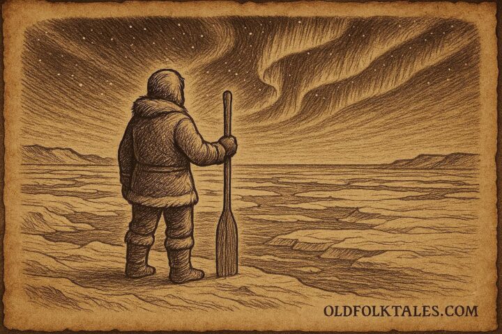 Kiviuq, the Inuit hero, standing on Arctic ice beneath the northern lights, holding his paddle as he journeys onward