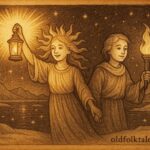 Sun and Moon as Inuit siblings, the sister shining as the Sun and the brother chasing as the Moon over the Arctic sky