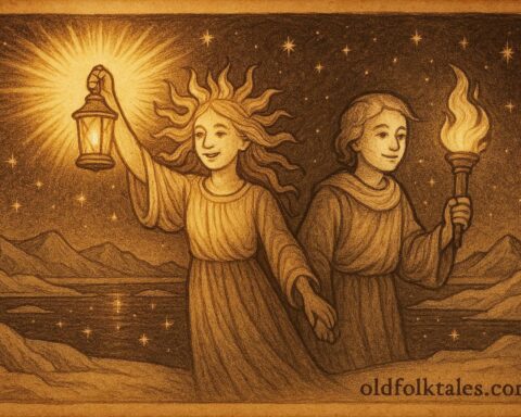 Sun and Moon as Inuit siblings, the sister shining as the Sun and the brother chasing as the Moon over the Arctic sky