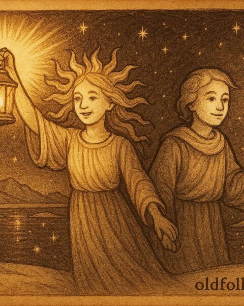 Sun and Moon as Inuit siblings, the sister shining as the Sun and the brother chasing as the Moon over the Arctic sky