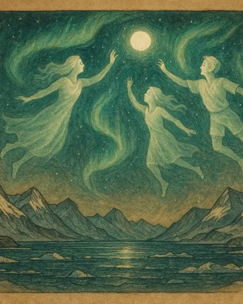 Northern Lights shaped like spirits playing across the heavens from Inuit folklore