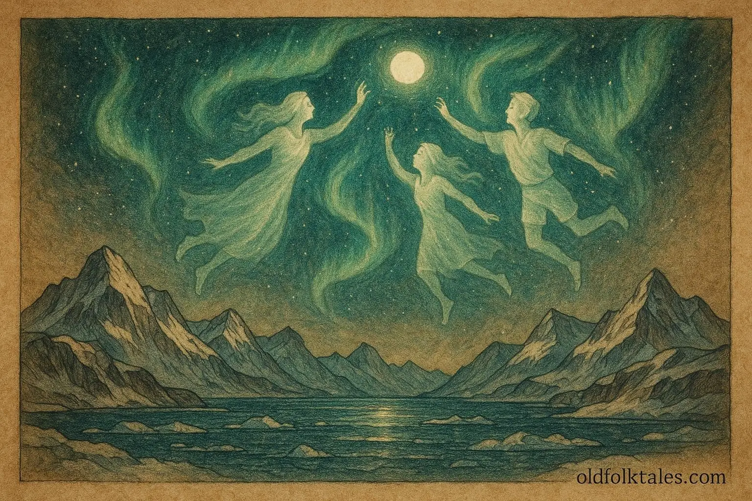 Northern Lights shaped like spirits playing across the heavens from Inuit folklore