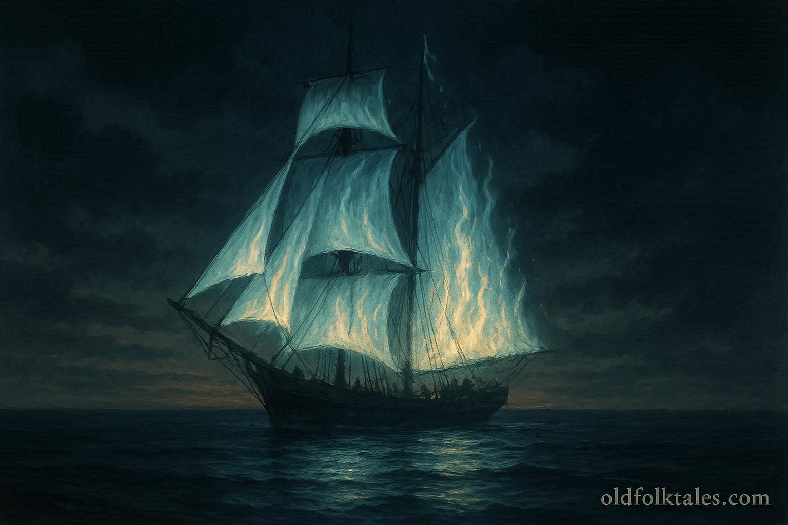 Fiery ghost schooner glowing over the waters of Northumberland Strait in Maritime folklore