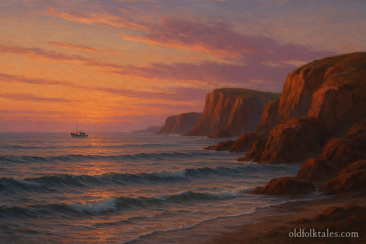 Peaceful seascape of the Gulf of St. Lawrence with soft waves and distant cliffs at sunset, inspired by Maritime Canadian folklore