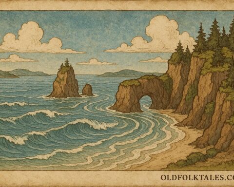 Bay of Fundy with high tides and cliffs inspired by the Mi’kmaq legend of Glooscap