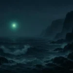 A misty Newfoundland coastline at night with a glowing green ghost light above the sea inspired by the legend of Shipwreck Cove