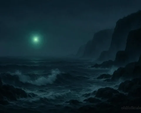 A misty Newfoundland coastline at night with a glowing green ghost light above the sea inspired by the legend of Shipwreck Cove