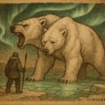 Inuit hunter facing a glowing two-headed bear under the Northern Lights in an Arctic landscape symbolizing courage and self-mastery.