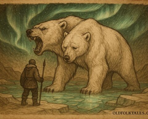 Inuit hunter facing a glowing two-headed bear under the Northern Lights in an Arctic landscape symbolizing courage and self-mastery.
