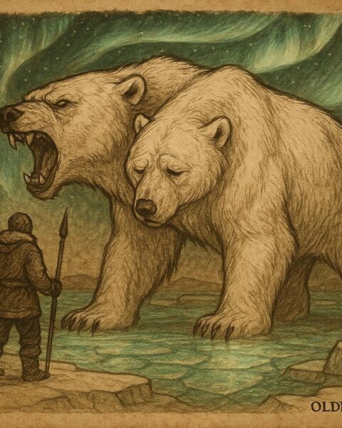 Inuit hunter facing a glowing two-headed bear under the Northern Lights in an Arctic landscape symbolizing courage and self-mastery.