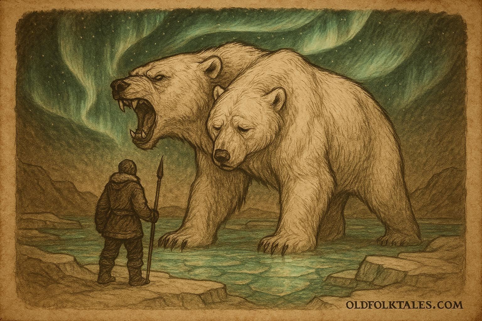Inuit hunter facing a glowing two-headed bear under the Northern Lights in an Arctic landscape symbolizing courage and self-mastery.