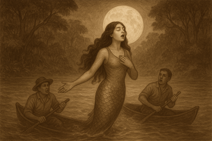 Sepia illustration of Iara, the Amazonian river mermaid, rising from the moonlit waters of the Rio Negro and Solimões as she enchants nearby fishermen with her haunting song