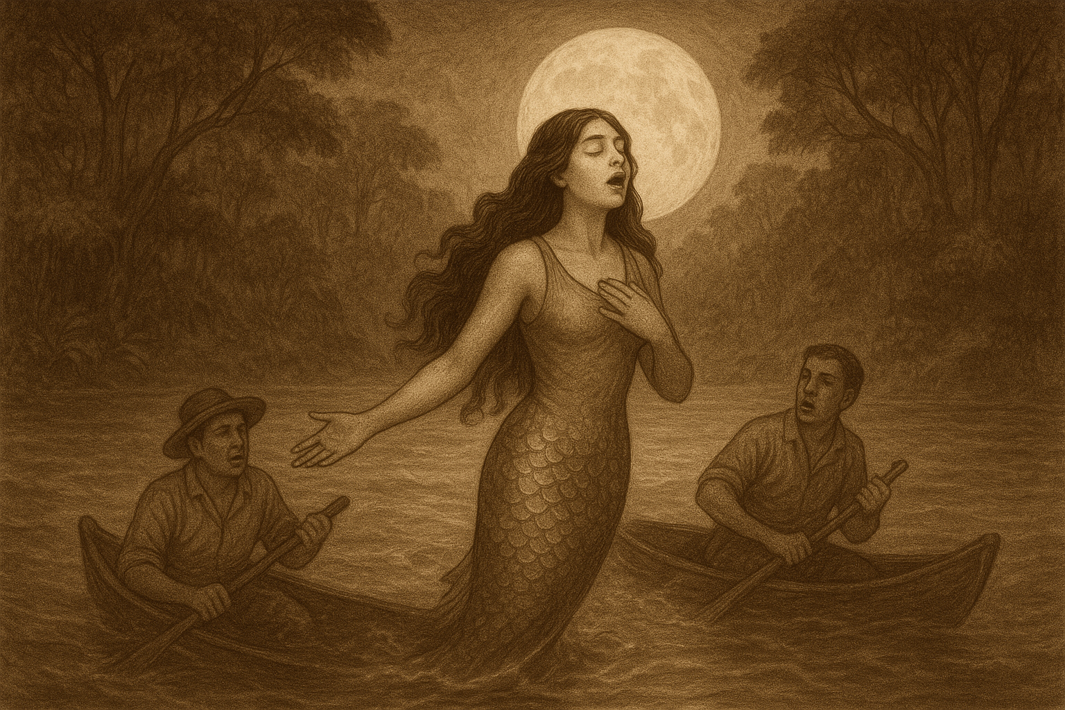 Sepia illustration of Iara, the Amazonian river mermaid, rising from the moonlit waters of the Rio Negro and Solimões as she enchants nearby fishermen with her haunting song